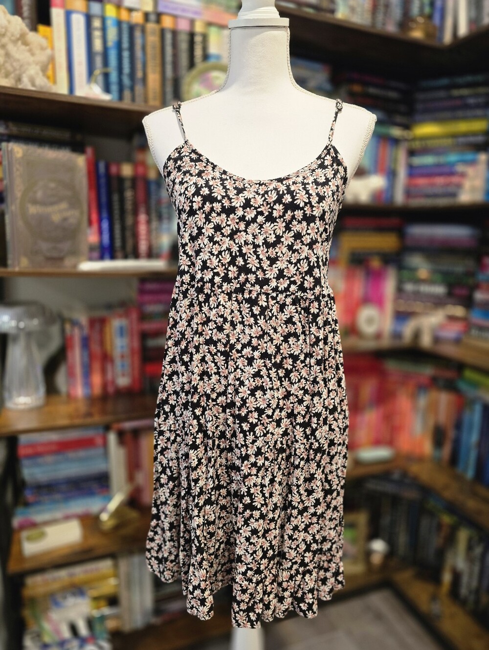 Xhilaration Floral Spaghetti-Strap Dress - Black with Pink Daisy Print